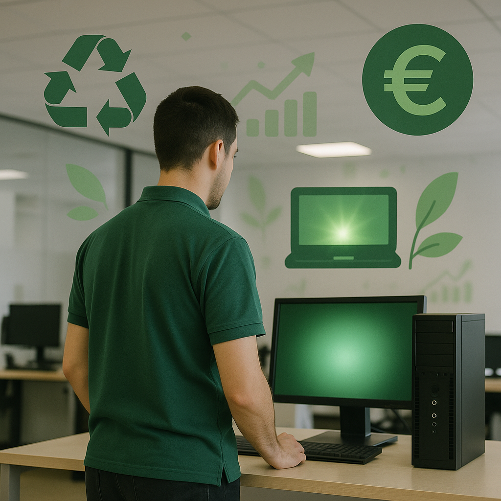 Técnico observando un ordenador reacondicinado con iconos de sotenibilidad y ahorro económico - Enova Ciudad Real
