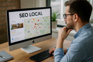 Empresario revisando en el ordenador el posicionamiento SEO local de su pyme en Ciudad Real en un mapa de Google