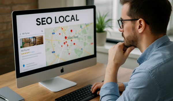 Empresario revisando en el ordenador el posicionamiento SEO local de su pyme en Ciudad Real en un mapa de Google