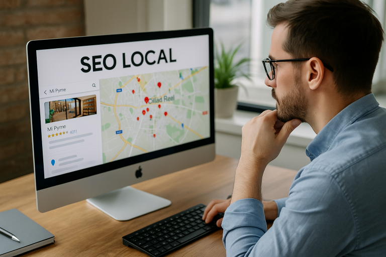 Empresario revisando en el ordenador el posicionamiento SEO local de su pyme en Ciudad Real en un mapa de Google
