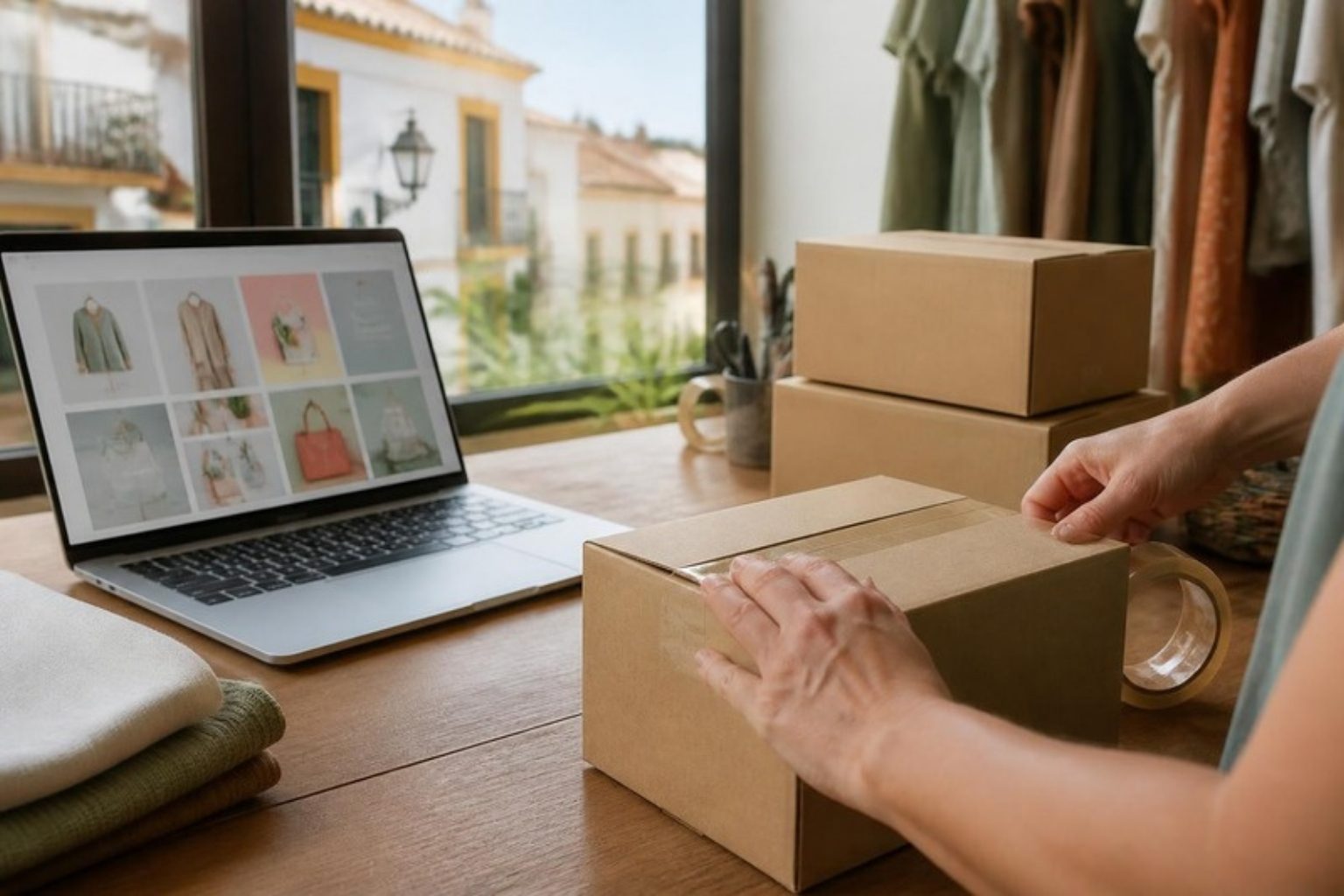 Manos cerrando una caja de cartón para un envío junto a un portátil con una tienda online, en la trastienda de un comercio